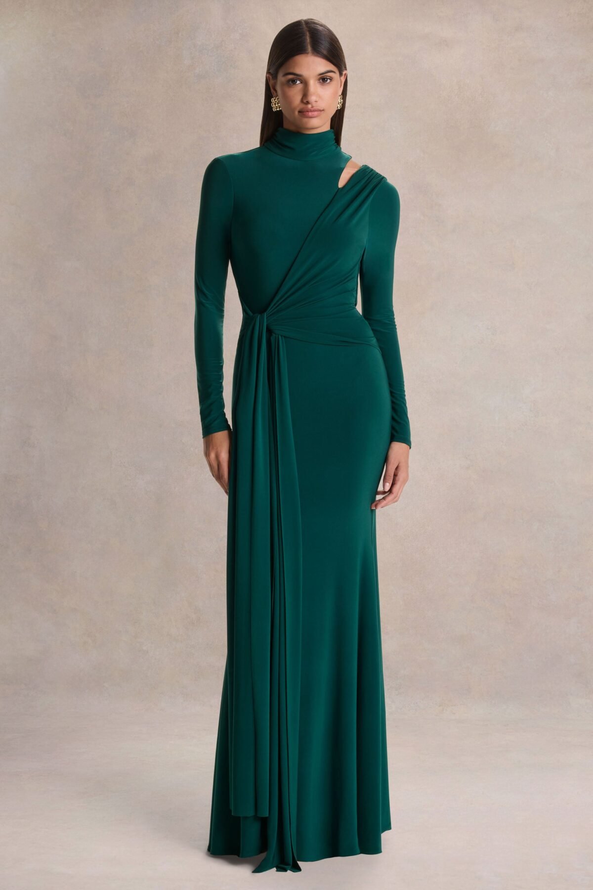 Dark Green High-Neck Maxi Dress With Gathered-Detailing
