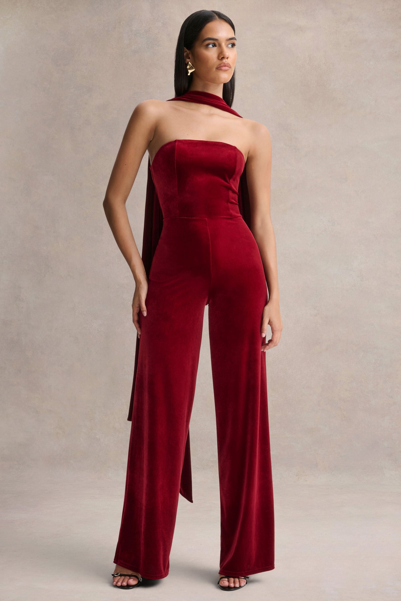 Burgundy Velvet Bandeau Jumpsuit With Scarf