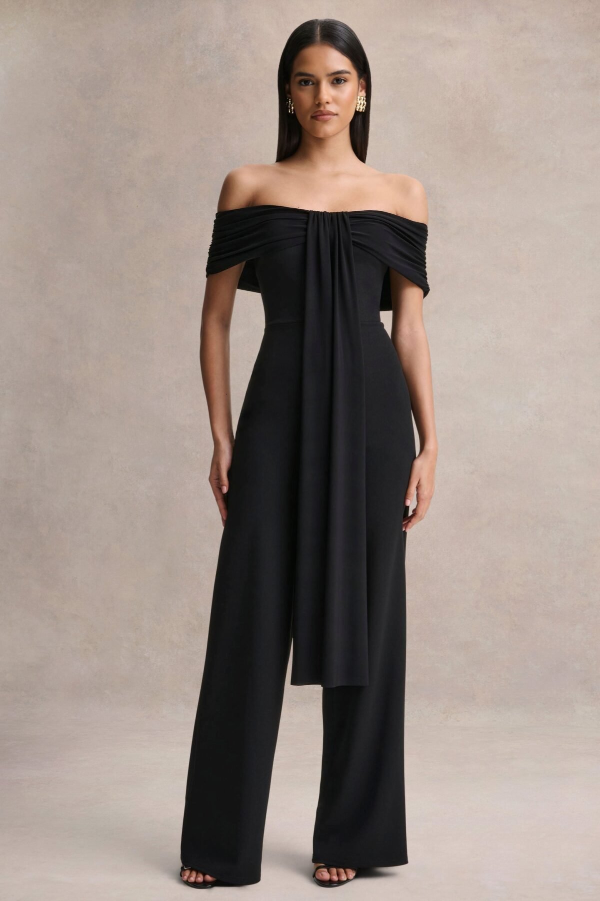 Black Bardot-Neck Jumpsuit With Sash-Detail