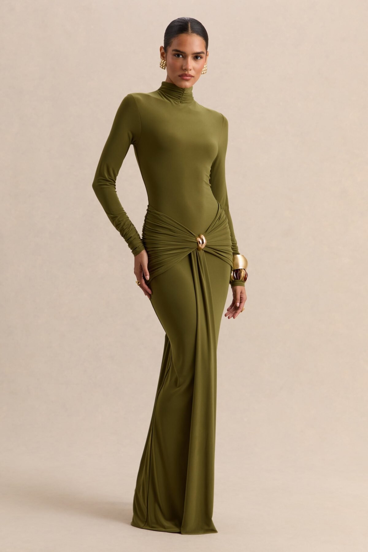 Olive High-Neck Maxi Dress With Gathered-Detailing