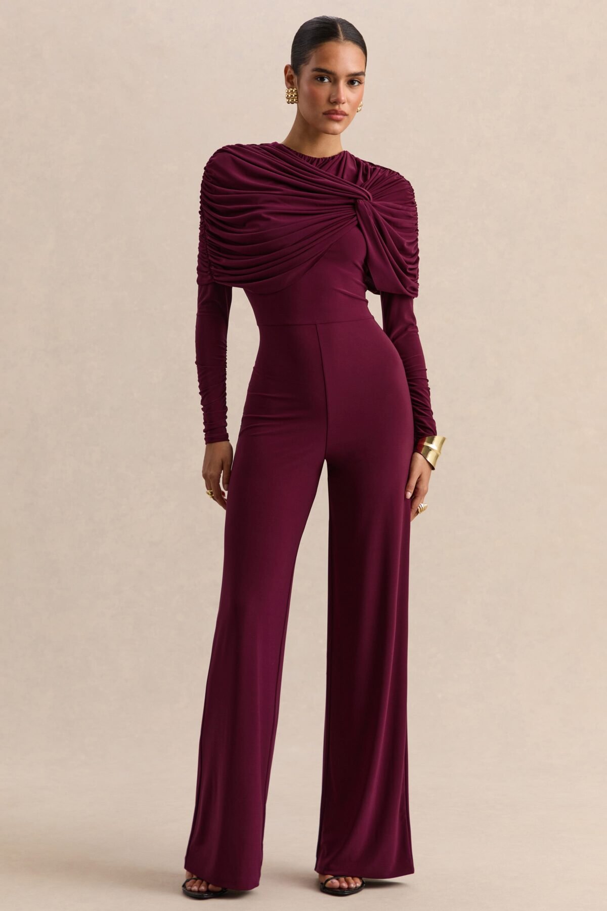 Burgundy High-Neck Jumpsuit With Twist-Gathered Detail