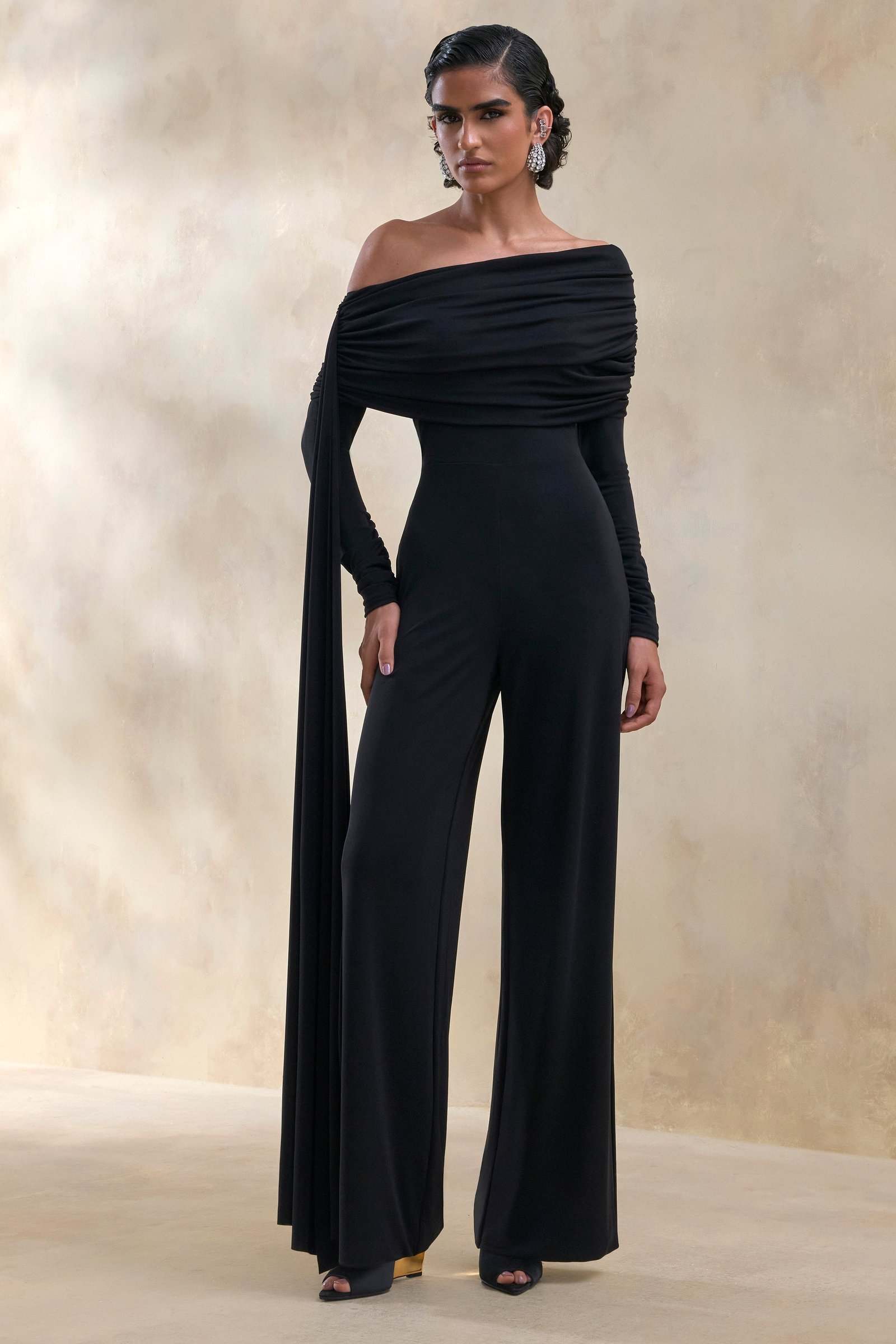 Black Bardot-Neck Jumpsuit With Sash