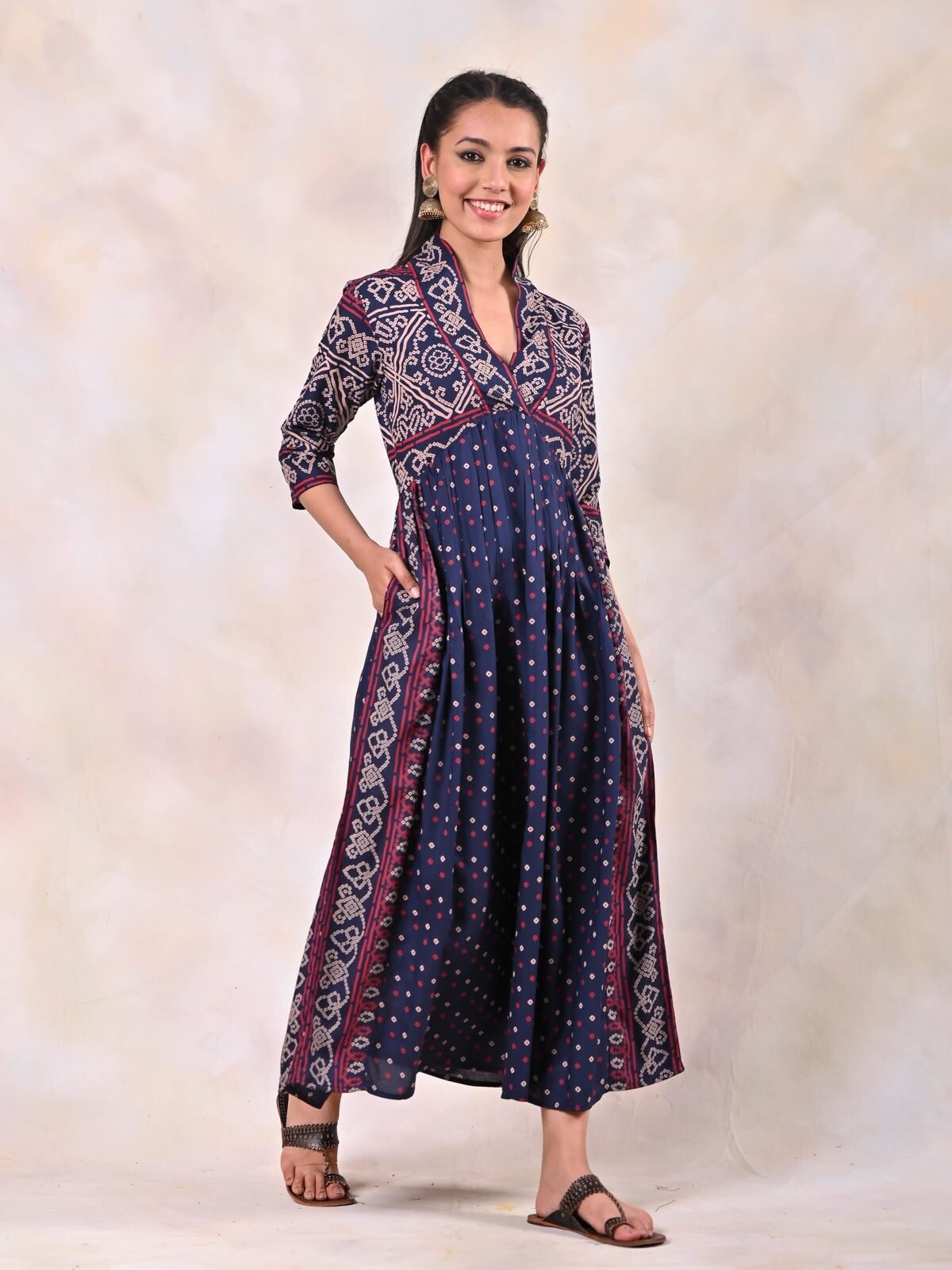 Blue Bandhani V Neck Alia Cut Dress