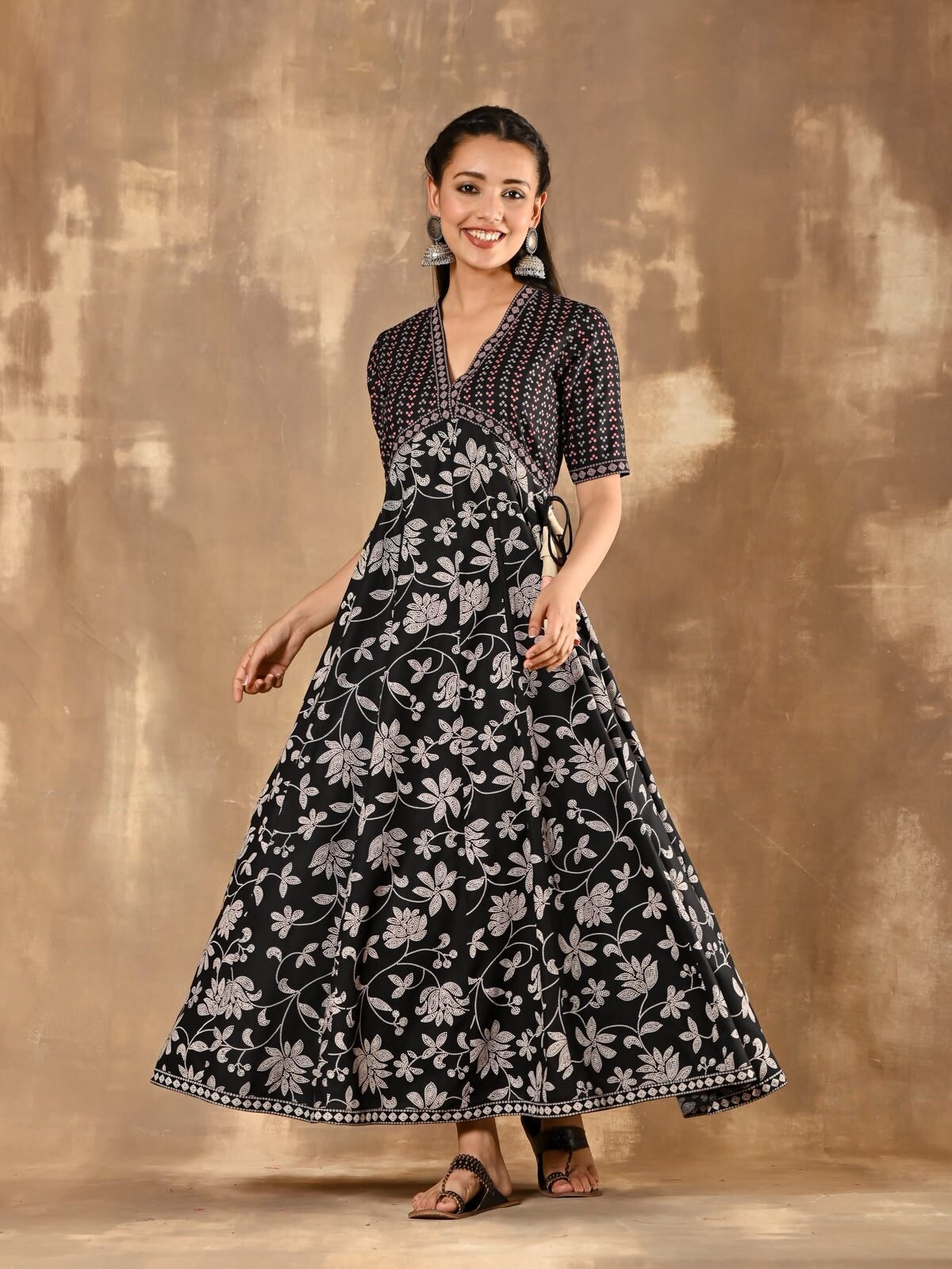 Black Bandhani Inspired Floral Dress