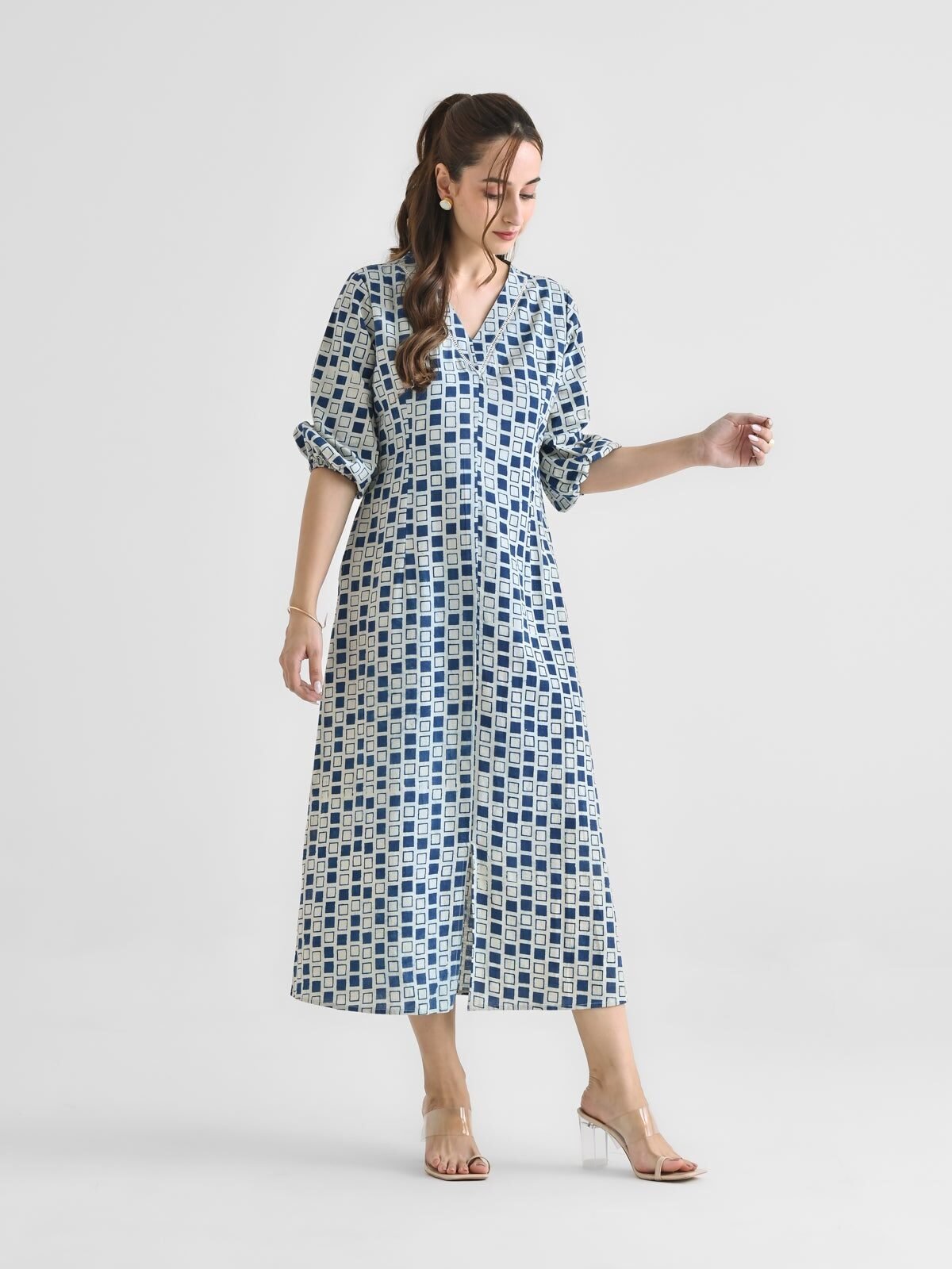 Blue Contemporary Akola Dabu Inspired Cotton Dress with V Neckline & Lace Detail