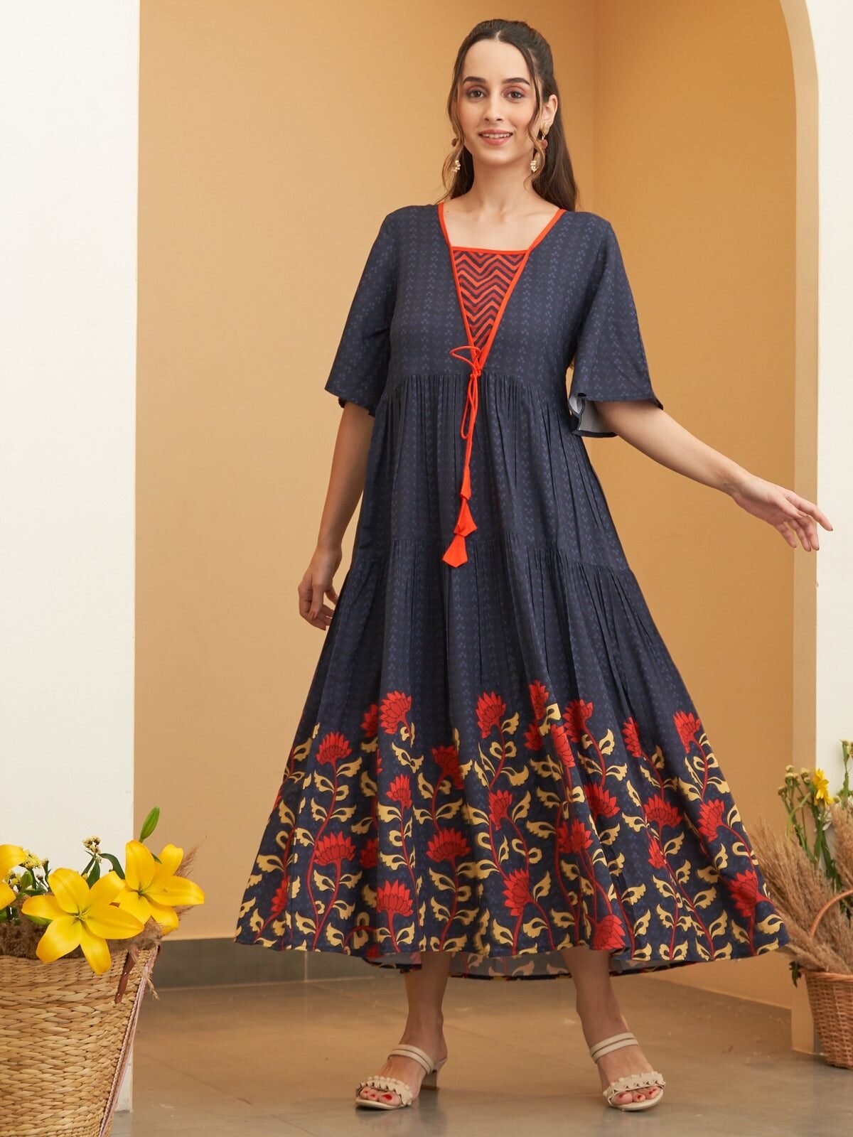 Navy Blue V Neck Floral Tiered Dress