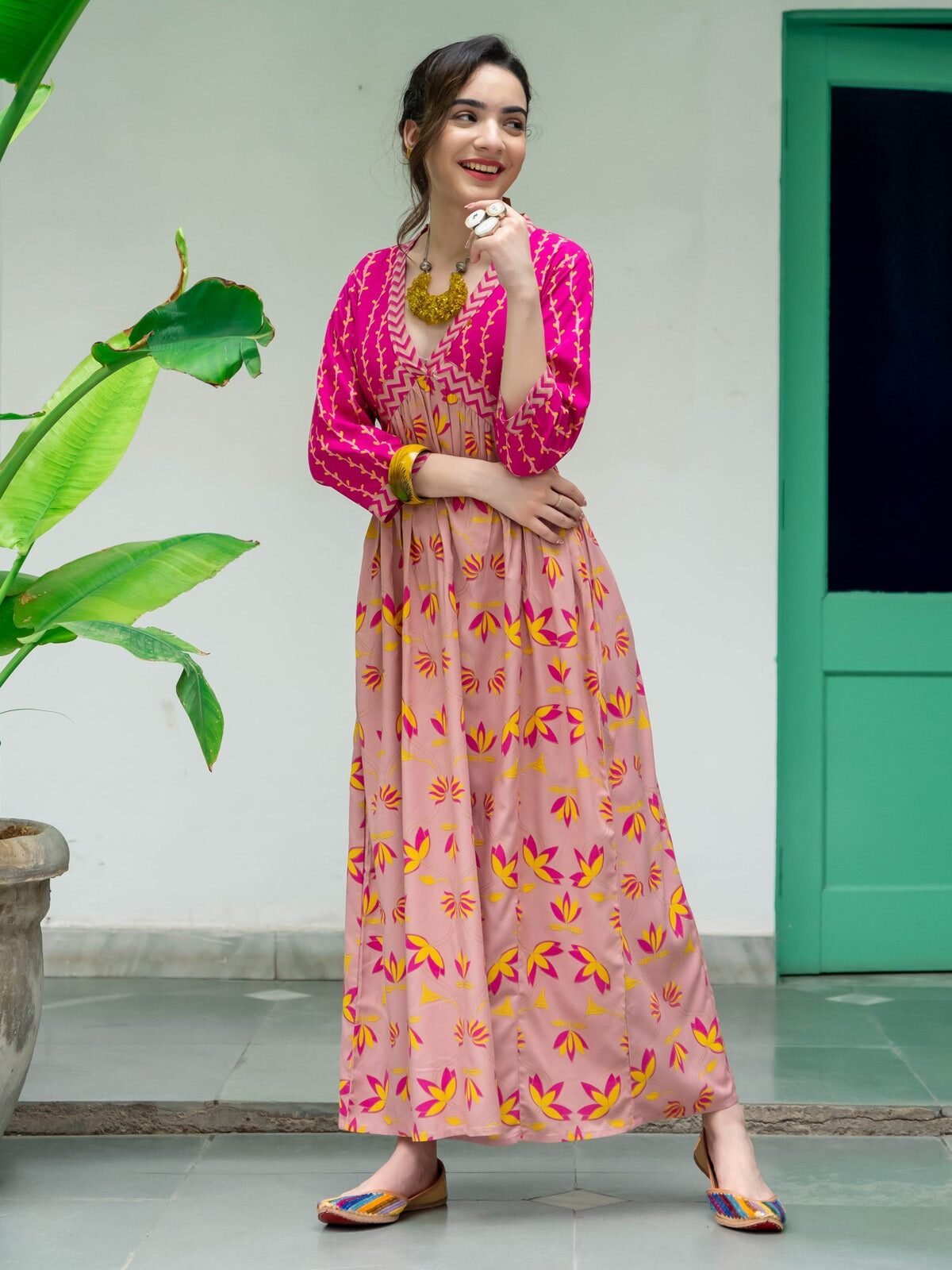 Baby Pink & Hot Pink V Neck Lotus Alia Cut Dress