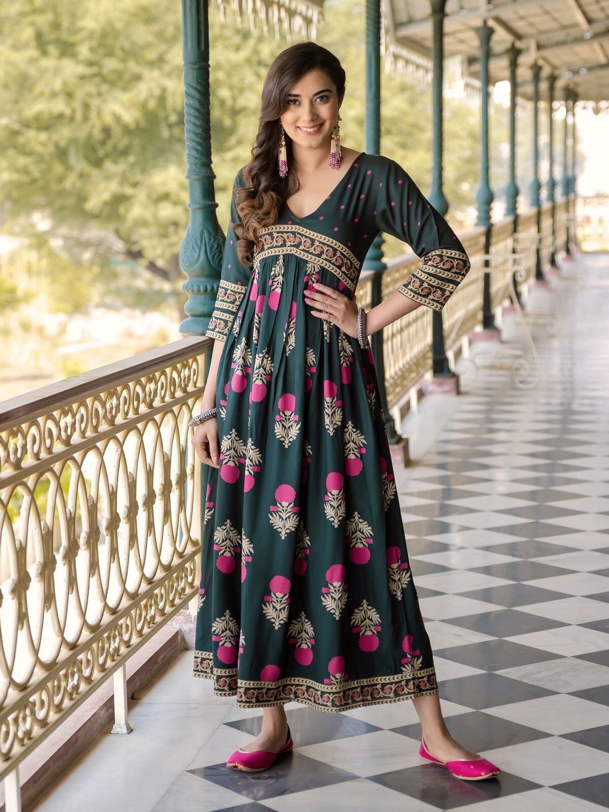 Emerald Green V Neck Alia Cut Dress with Buta & Polka Prints