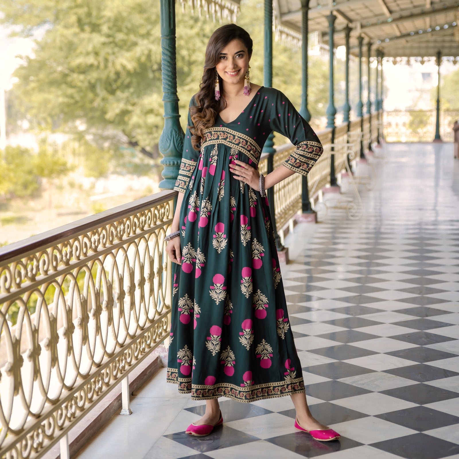 Emerald Green V Neck Alia Cut Dress with Buta & Polka Prints