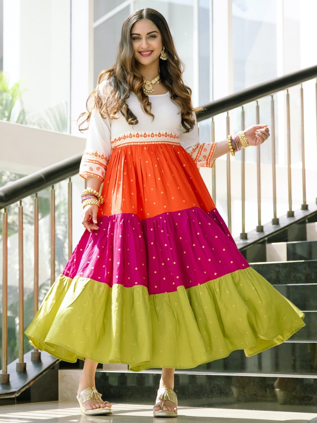 Off White Multicoloured Tiered Dress with Polka Prints & Gota Details