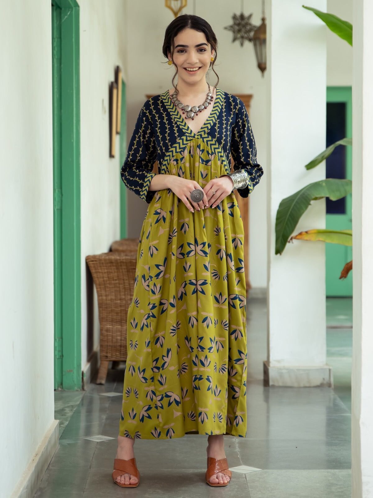 Olive & Blue V Neck Alia Cut Lotus Dress