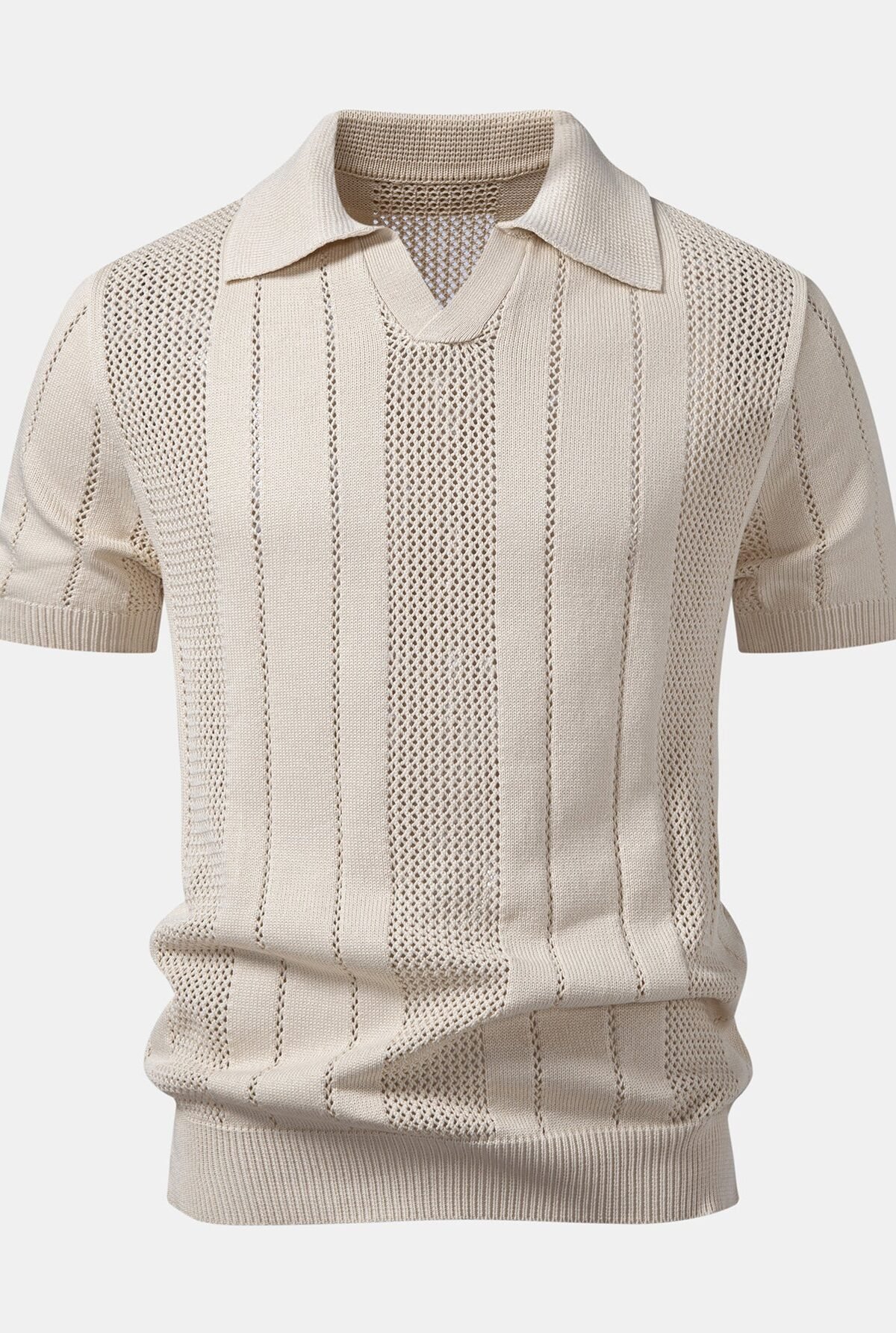 Johnny Collar Striped Open Knit Polo