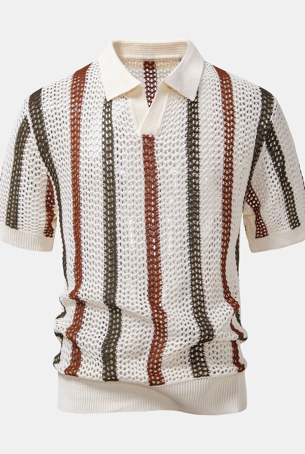 Striped Crochet V Neck Polo