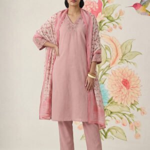 Afsana Pink Cotton Bend Embroidered A-line Suit Set with Dupatta