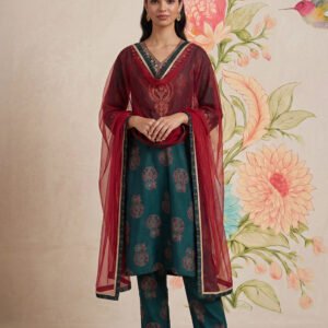 Teal Printed Cotton Blend Suit Set with Dupatta
