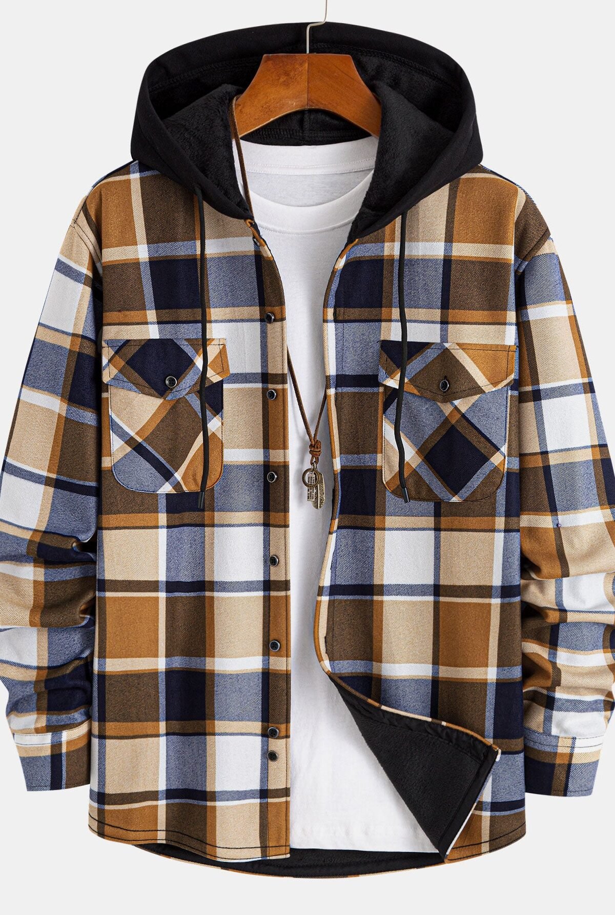 Flannel Fleece Lined Hooded Button Up Shirt