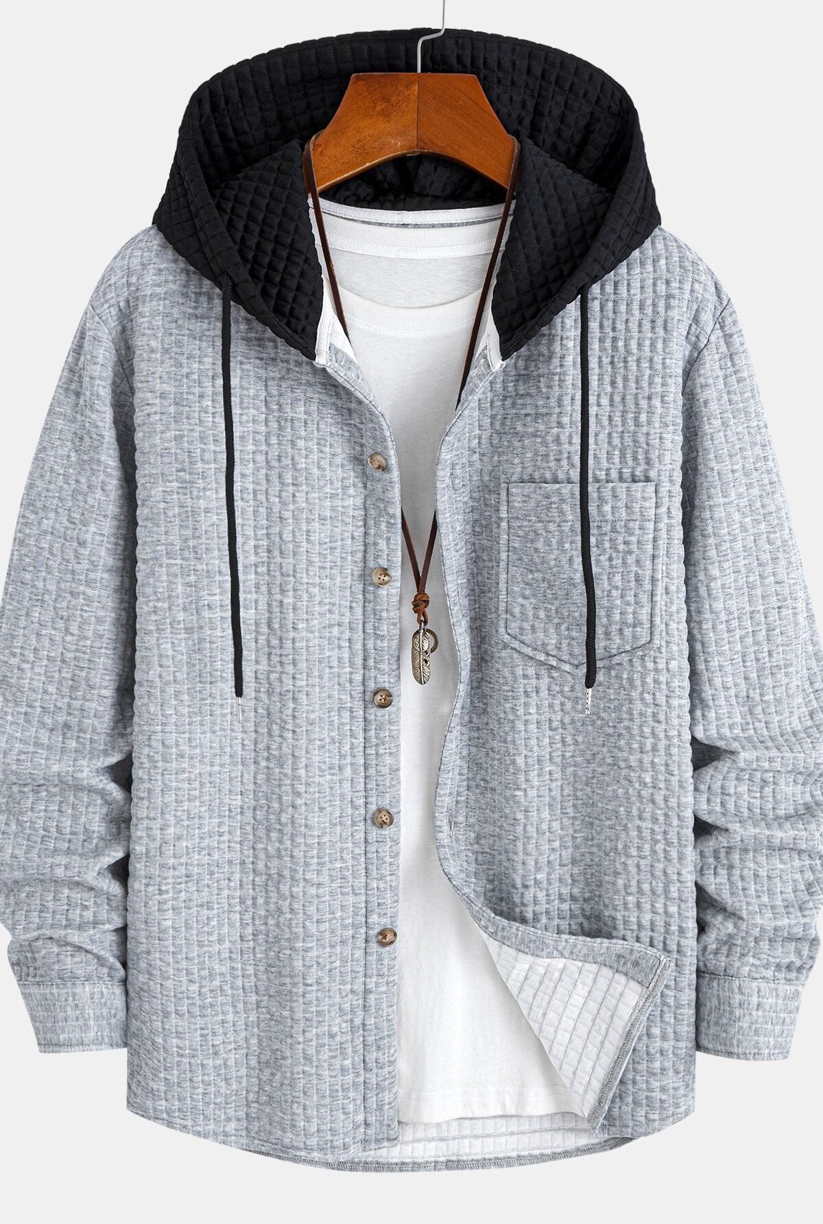 Contrast Waffle Hooded Shirt