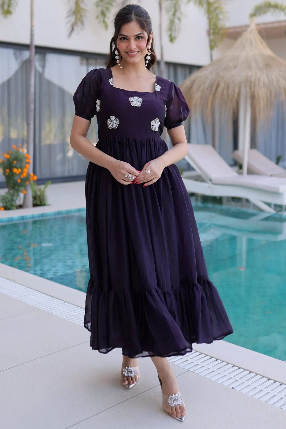 Wonderful Purple Beads Work Silk Casual Wear Dress