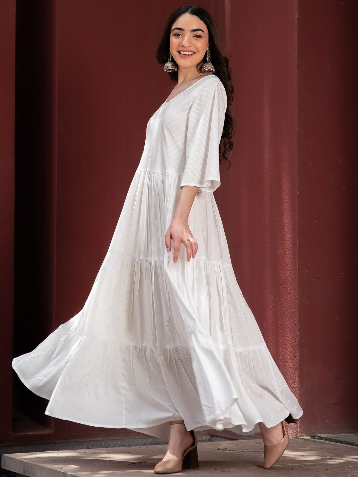 White Bandhani & Stone Printed Tiered Dress with Flared Sleeves