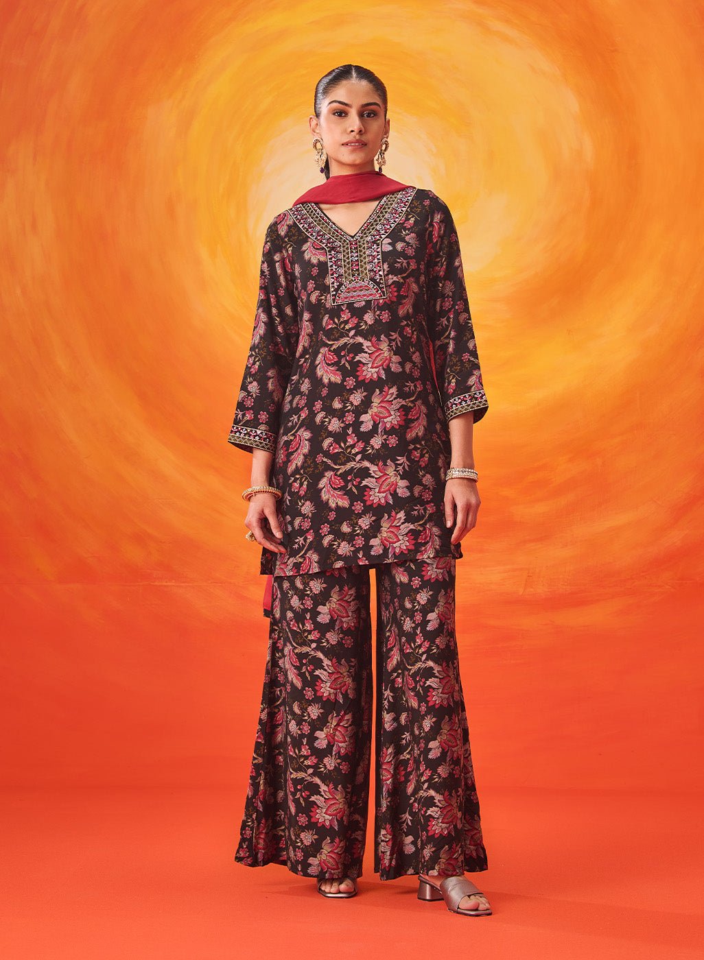 Saanjh Black Floral Printed Suit Set with Dupatta