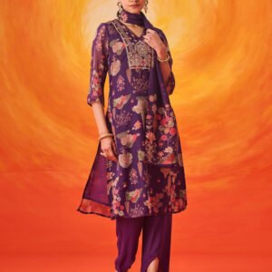 Kusum Purple Floral Printed Organza Suit Set with Dupatta
