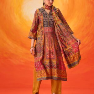 Aarzoo Mustard Printed Chanderi Suit Set with Dupatta