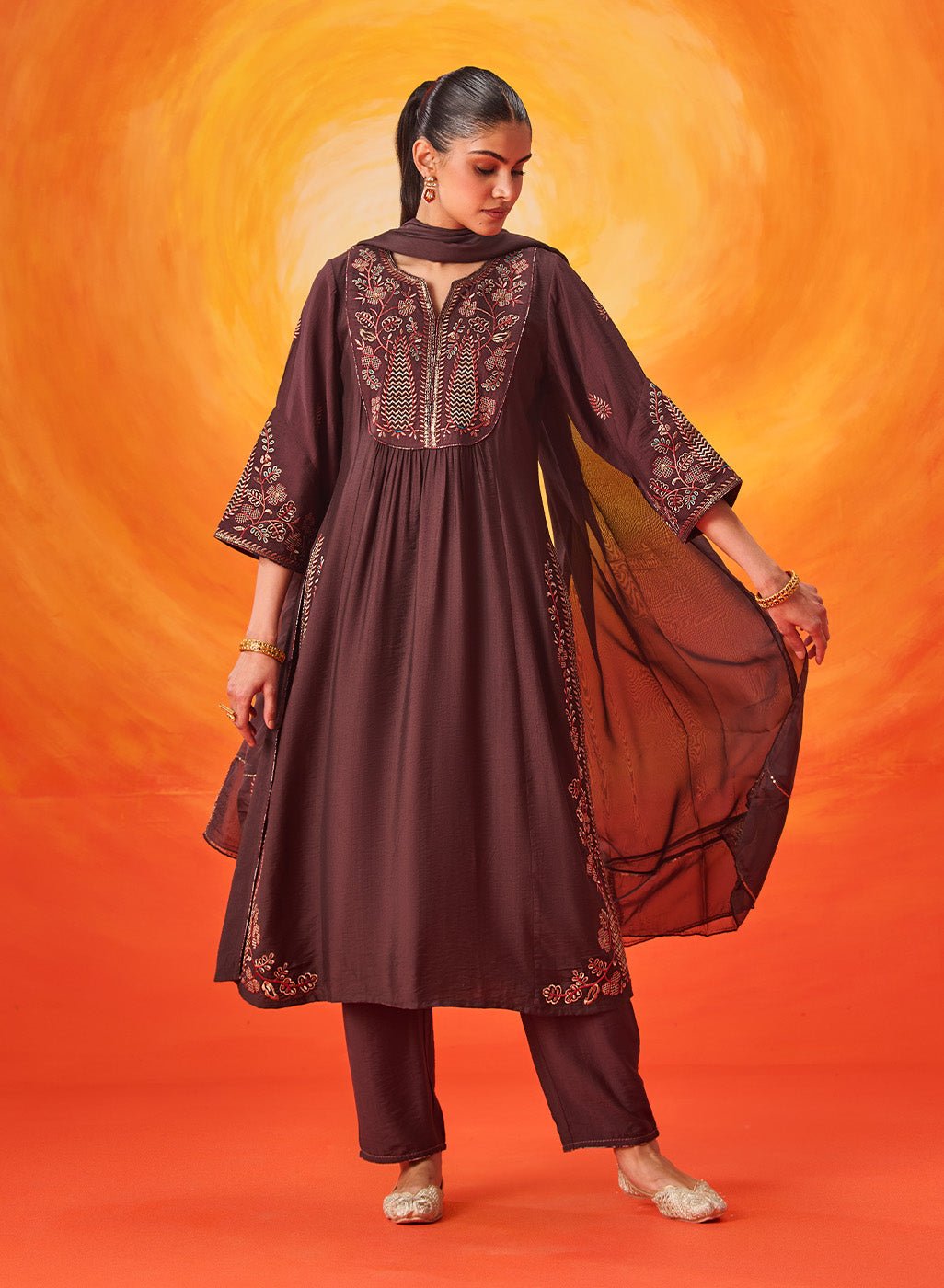 Raunaq Brown Zari-Embroidered Suit Set with Dupatta