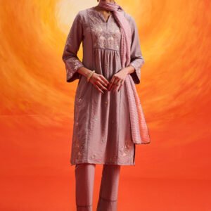 Aaradhya Lavender Embroidered Linen Suit Set with Dupatta