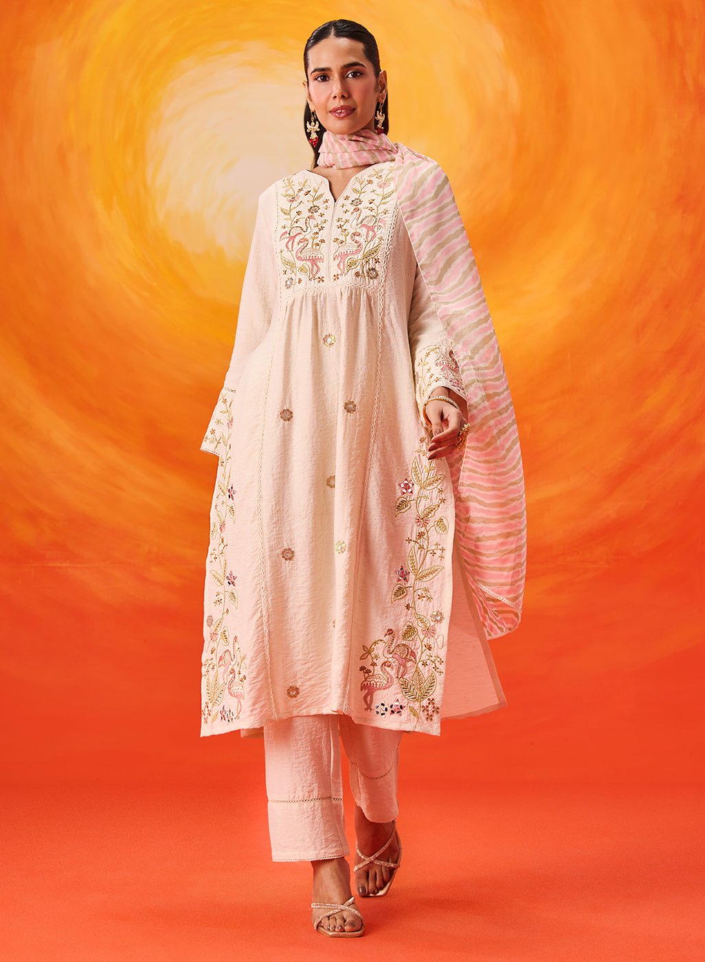 Aaradhya Ivory Embroidered Linen Suit Set with Dupatta