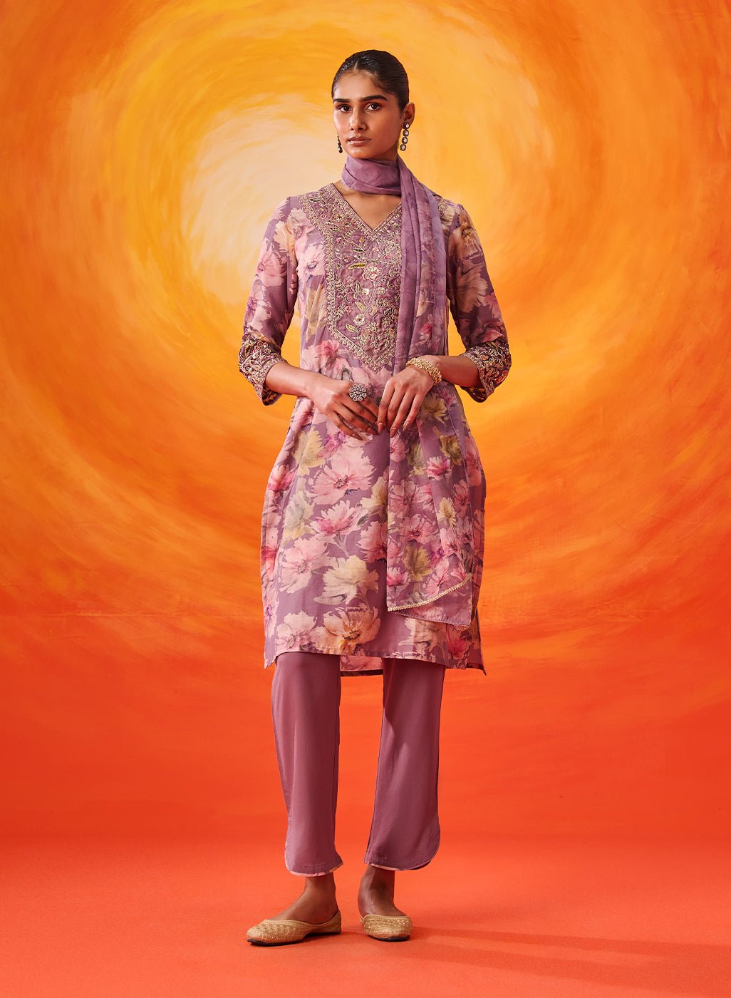 Aanchal Lavender Embroidered Muslin Suit Set with Dupatta
