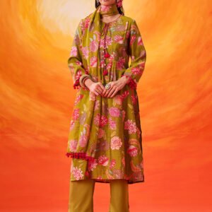 Eshani Green Floral Printed Chanderi Suit Set with Dupatta