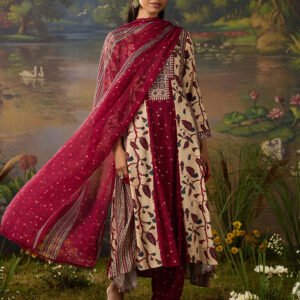 Lavanya Maroon Printed Viscose Panelled A-line Suit Set with Dupatta