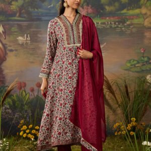 Kainat Maroon Traditional Floral Printed Viscose A-line Suit Set with Dupatta