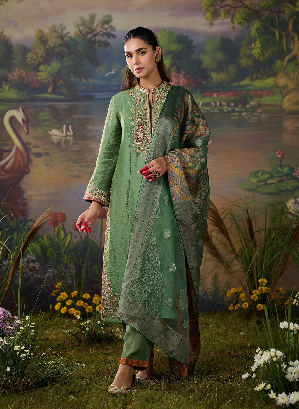 Ilaa Green Zari Embroidered Suit Set with Brasso Dupatta