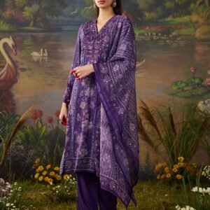 Nargis Purple Floral Printed Viscose Straight Suit Set with Dupatta