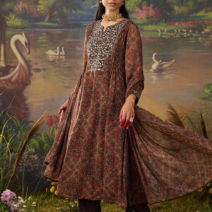 Falak Brown Tribal Printed Georgette Straight Long Suit Set with Dupatta