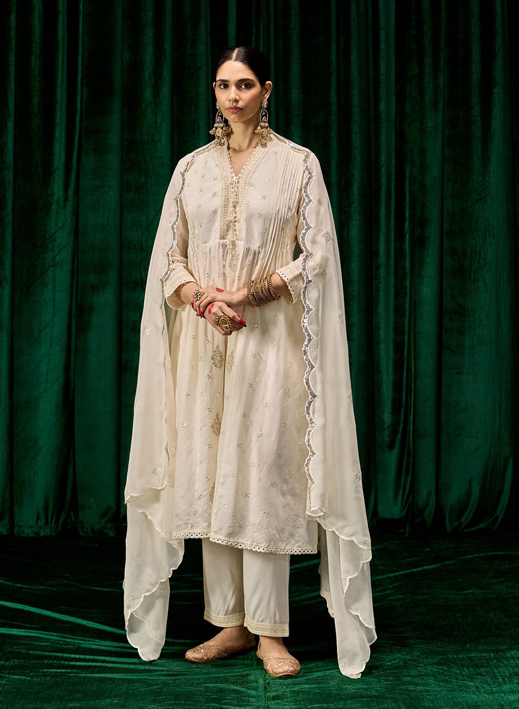 Svara Ivory Self Embroidered A-line Suit Set with Dupatta