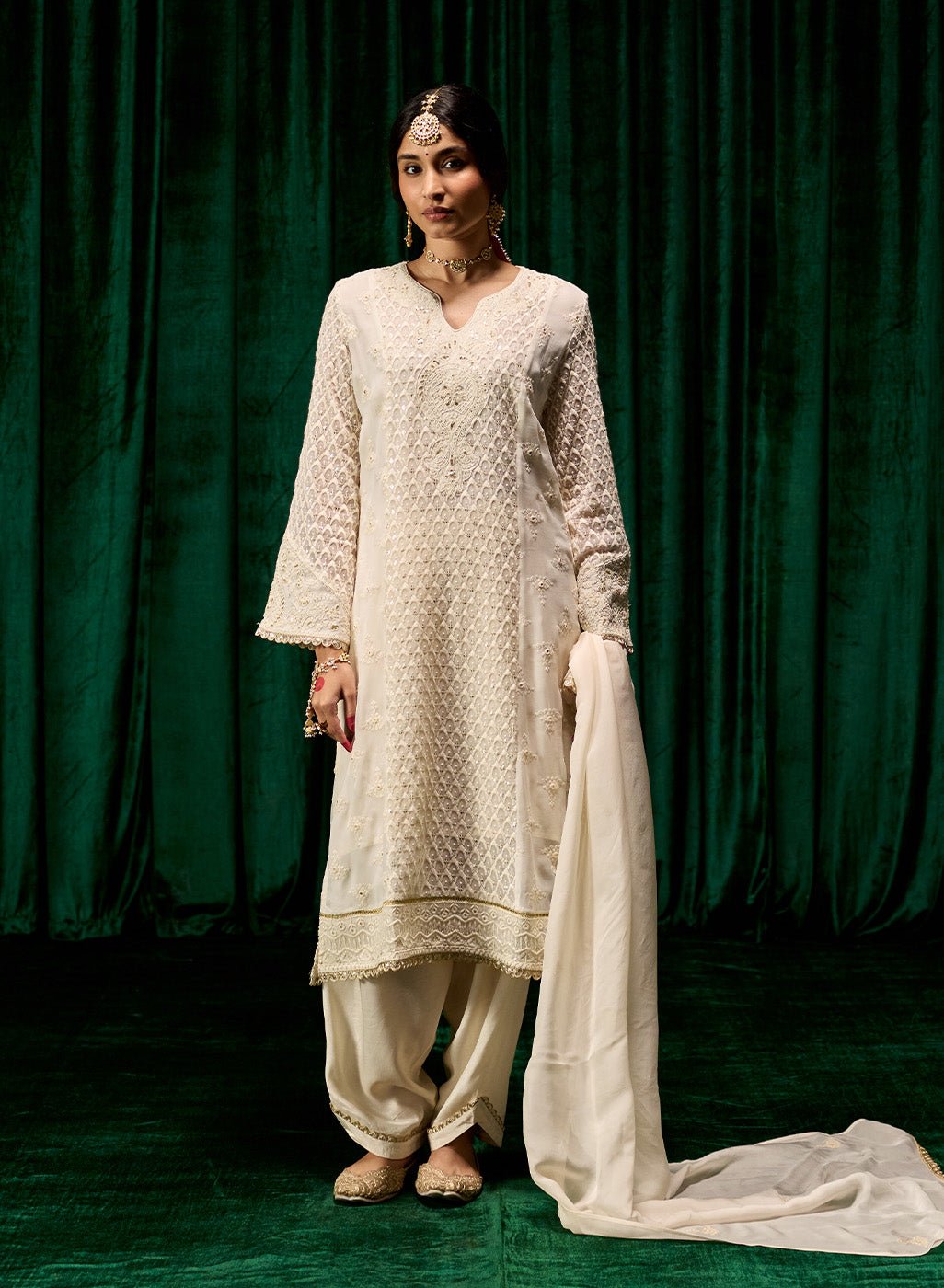 Eshal Ivory Embroidered Straight Suit Set with Dupatta