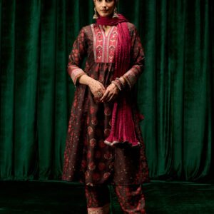 Evara Brown Jaipur Printed Silk Suit Set with Dupatta