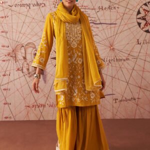 Joy Sunburst Mustard Embroidered Rayon Suit Set with Dupatta