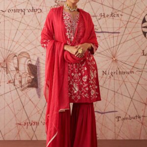 Joy Carmine Red Embroidered Rayon Salwar Suit Set with Dupatta