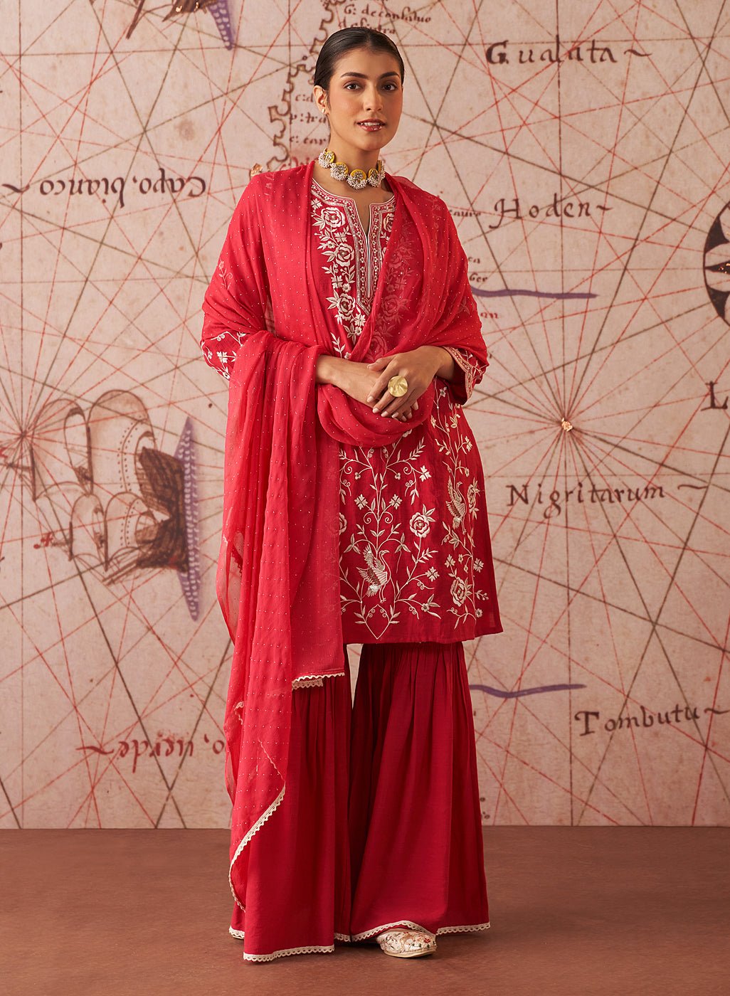 Joy Carmine Red Embroidered Rayon Salwar Suit Set with Dupatta