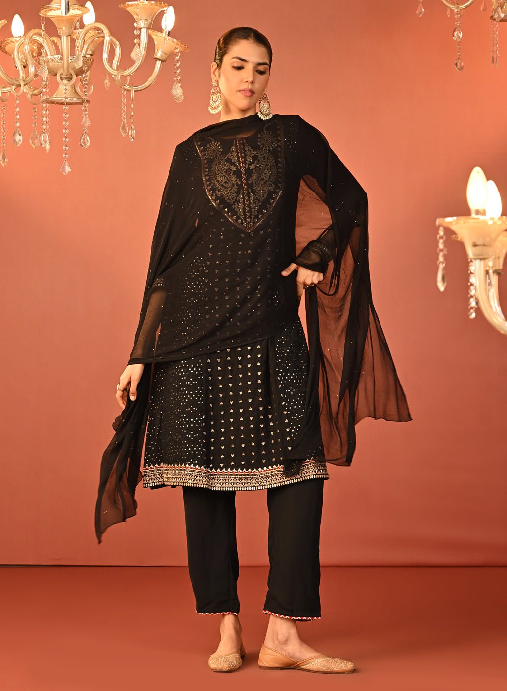 Jasleen Black Georgette Jacquard Embroidered Suit Set with Dupatta