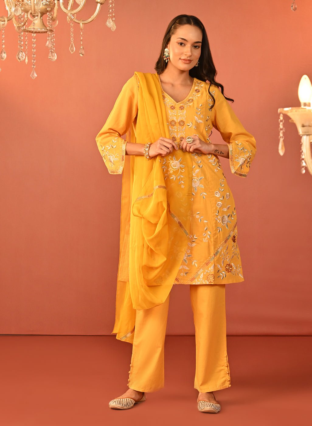 Areeba Chrome Yellow Embroidered Cotton Linen Designer Suit Set with Dupatta