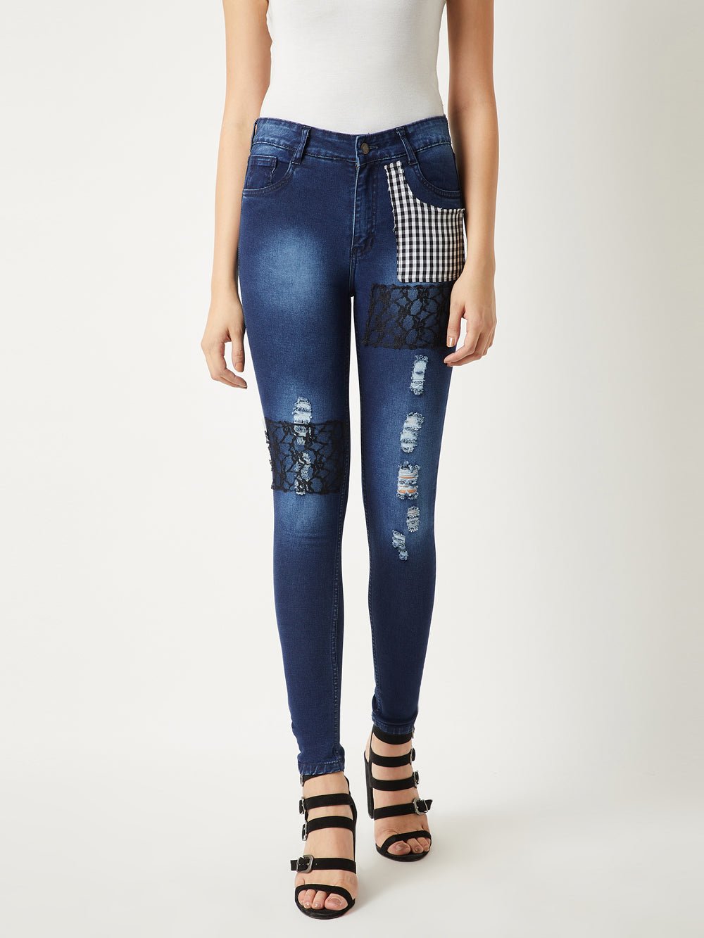 Check list lace patch jeans