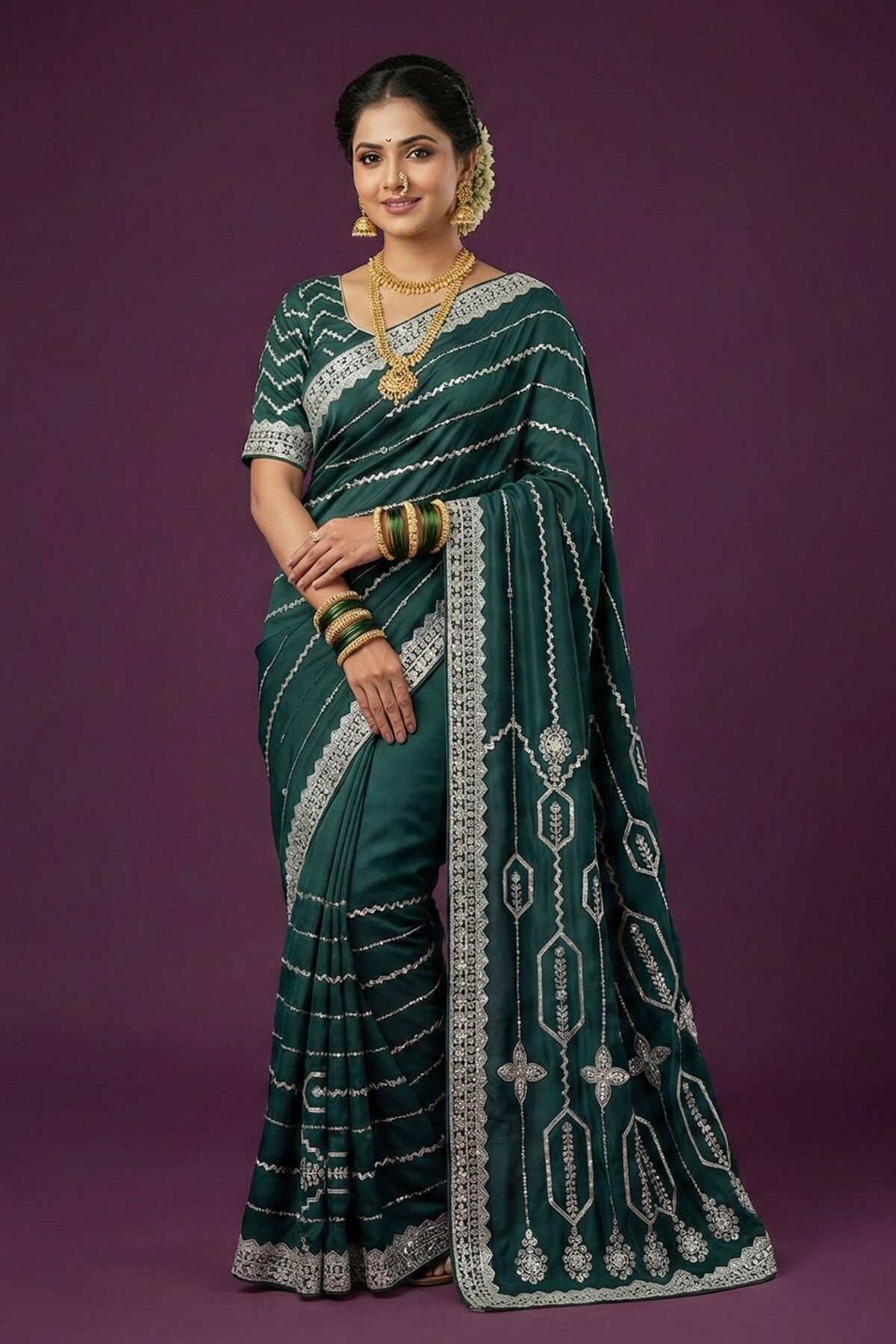 Emerald Green Embellished Satin Silk Saree