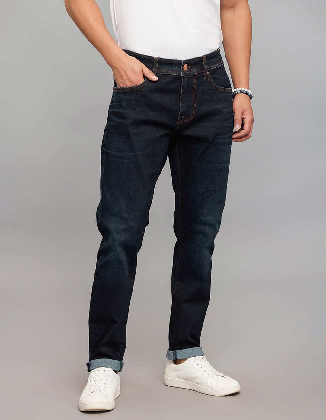 Dark Blue Low-Rise Tapered Ankle Length Classic Stretch Jeans