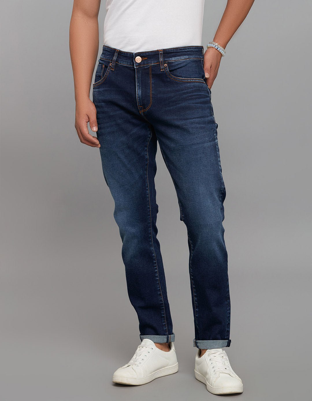 Dark Blue Low-Rise Tapered Ankle Length Classic Stretch Jeans