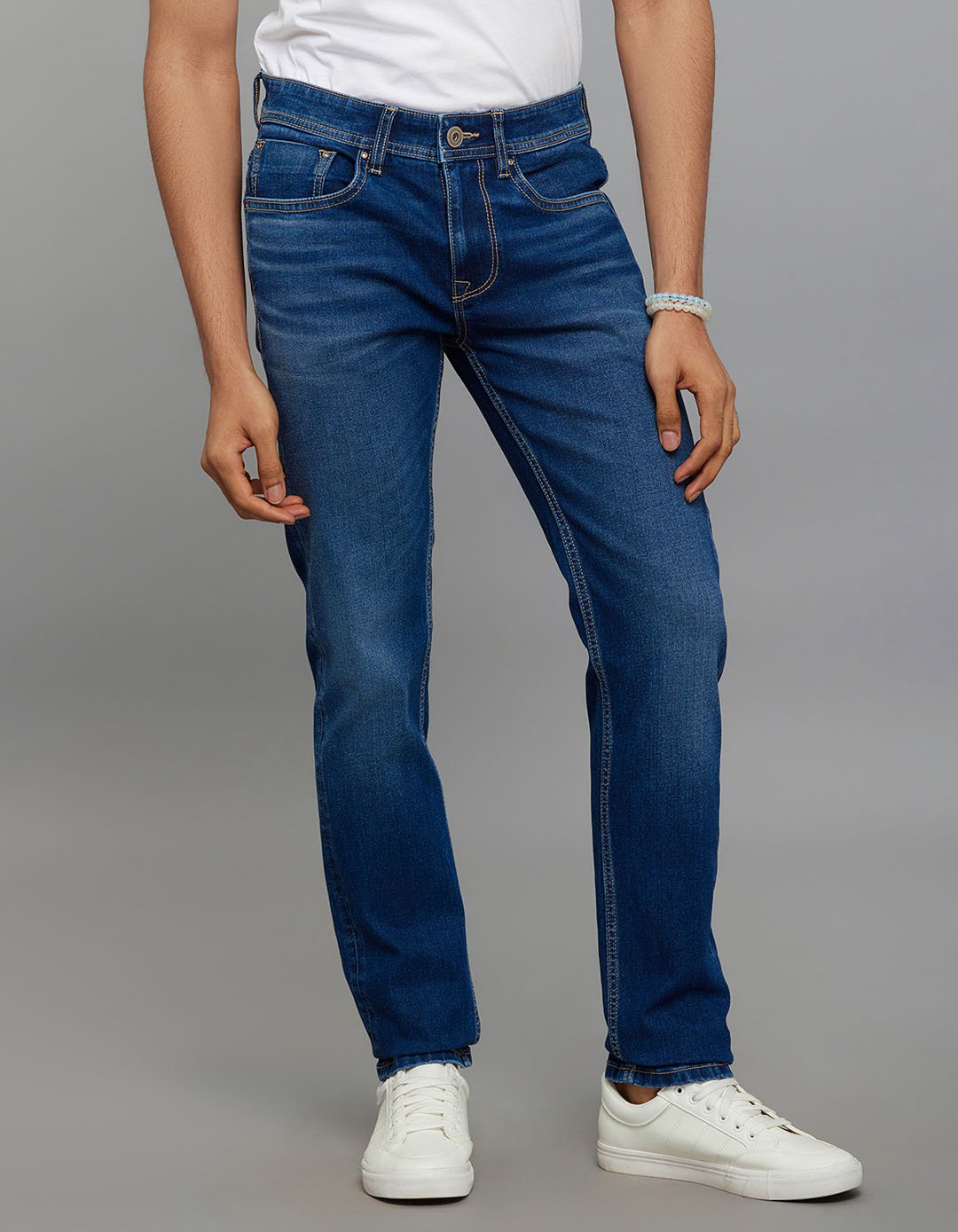 Medium Blue Mid-Rise Slim Straight Fit Classic Stretch Jeans