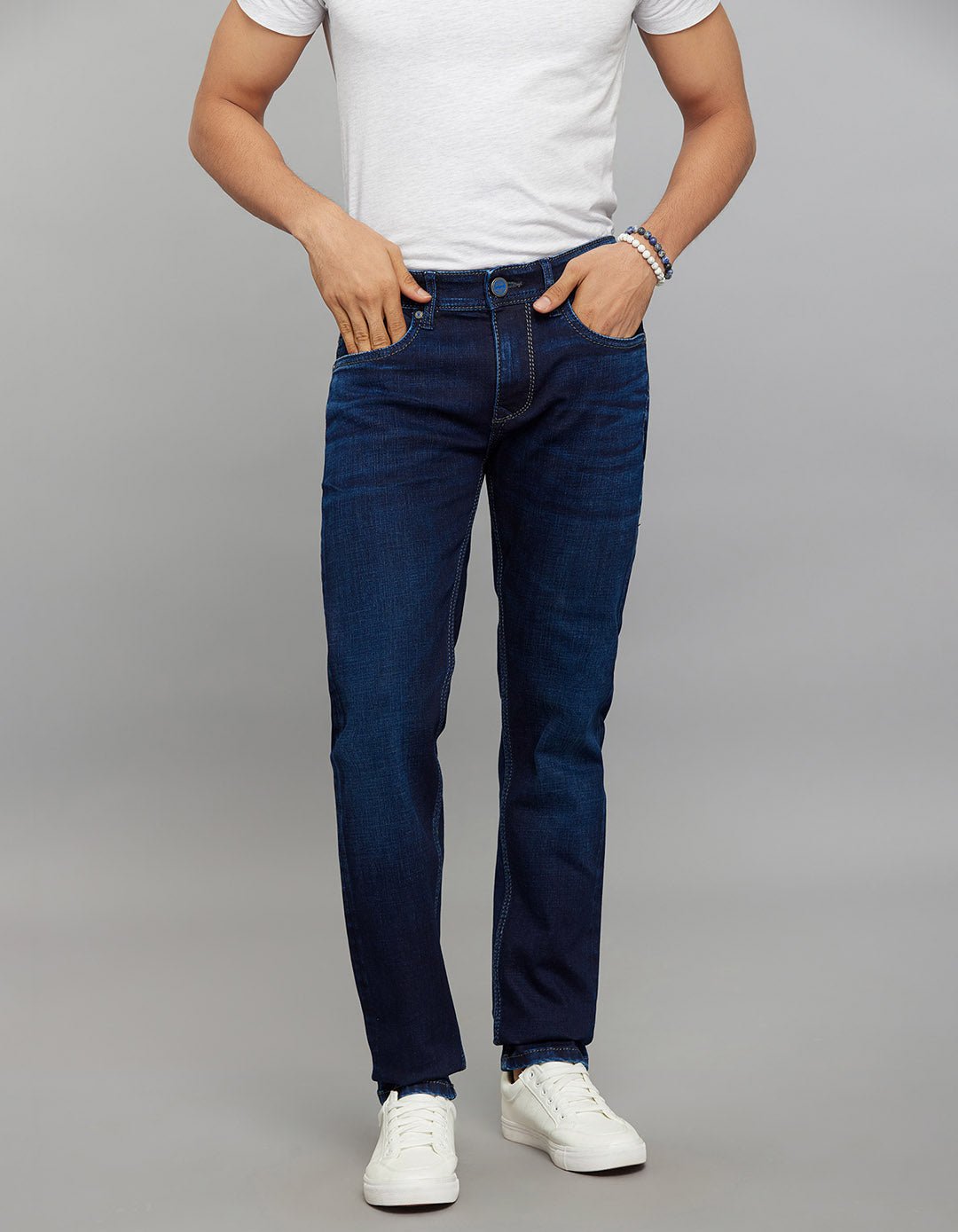 Dark Blue Mid-Rise Slim Straight Fit Stretch Jeans